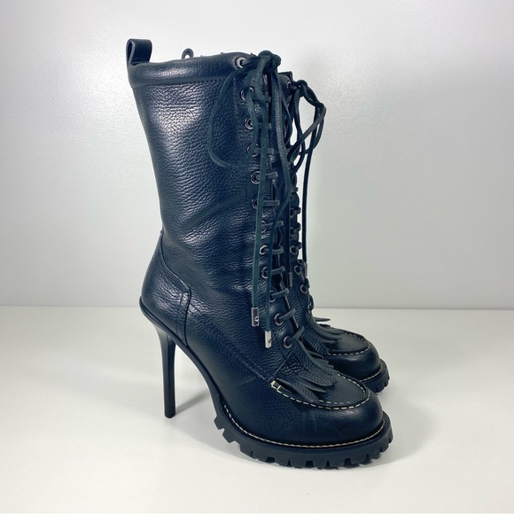 Tory Burch Trigg Black Pebbled Leather Mid Calf Rugged Stilleto Kiltie Boots 8.5 - Picture 6 of 16